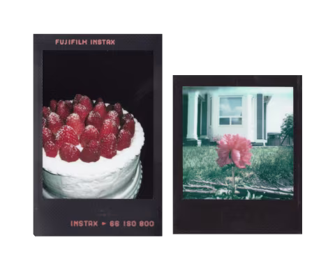 Instax Mini (left) and Polaroid Go (right) black-edition frames side-by-side.