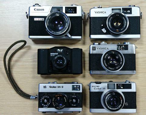 Yashica 35-ME ~$40-50, Yashica 35 MC ~$40-50, Minox GT/GT-E ~$70-90, compared against Canonet QL 17 GIII (top left) and Rollei 35S/Petri Color 35 (bottom two).