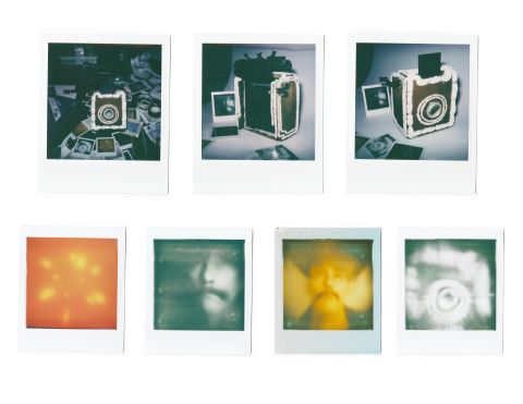 Top row: Sugar-Lens Gingerbread Instax Square (edible film camera). Bottom row: results from the gingerbread camera.