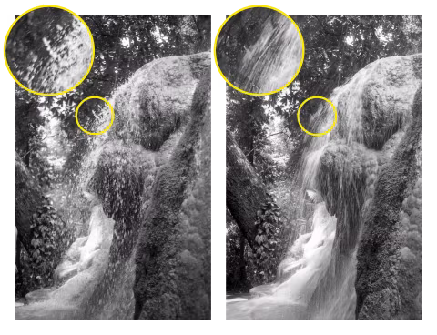 On the left, the photo is taken with a fast shutter speed, allowing the camera to “freeze” the water droplets. On the right, the photo is taken with a slow shutter speed; the individual droplets are no longer visible — they have become smudged by motion blur.