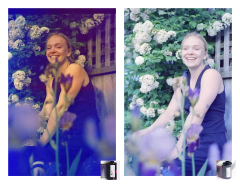 Yvonne. Exposure: EI 800. Light: golden hour (evening). Left: “fake CineStill.” Right: unmodified Kodak Vision 3 500T.