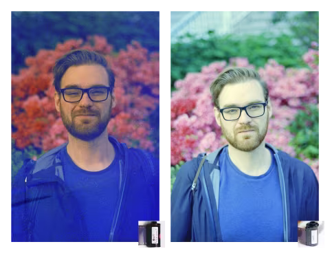 Daren. Exposure: EI 800. Light: golden hour (evening). Left: “fake CineStill.” Right: unmodified Kodak Vision 3 500T.