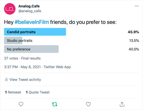 My Twitter friends strongly prefer candid images over studio portraits.