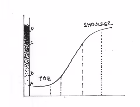 Figure 4. A hypothetical negative film characteristic curve. On the film density axis: B-C range is the dynamic range, A-B is the toe (underexposure latitude), C-D is the shoulder (overexposure latitude).