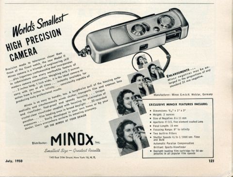 An advert for a finger-sized Minox 8x11 film camera — the bread and butter of the Minox brand (before Minox 35 became its #1 seller).