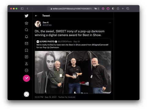 Dan K’s Tweet about Ilford’s Digital Camera World Award win.