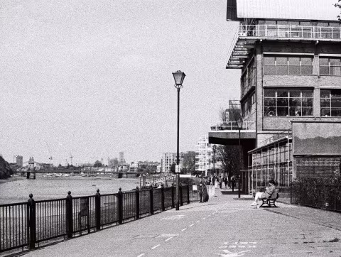 Recent housing developments on the Hammersmith side of the river.  The bridge is visible in the background.