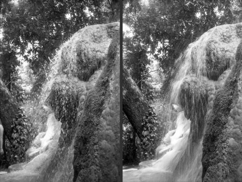 The waterfall droplets are “frozen” with a fast 1/250s shutter (left). At 1/30s, the droplets are smudged by the motion blur (right).