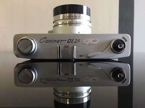 Canonet QL25 top plate and lens barrel. Not a bad-looking camera!