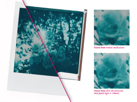 Improving the contrast, sharpness, and ease of scanning for Polaroid 600 film by removing it from its protective envelope (see film review for more).