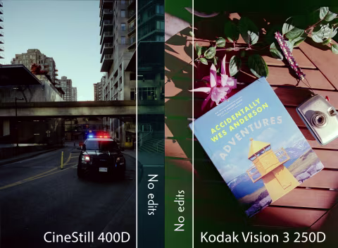 A comparison of high-contrast scenes with dark shadows shot on CineStill 400D and Kodak Vision 3 250D. Vision 3 (right) shows a strong green noise artifact in the shadows (absent from the 400D sample on the left). Both frames were colour-corrected, but unedited strips from both scans are compared in the middle.