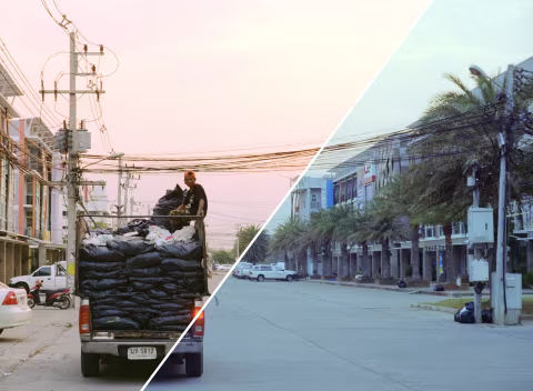 Kodak Pro Image 100 in overcast/smoggy weather (Thailand, 2018). Left: colour-corrected. Right: uncorrected (scanned with Nikon SUPER COOLSCAN 5000 ED and inverted using histogram stretching).