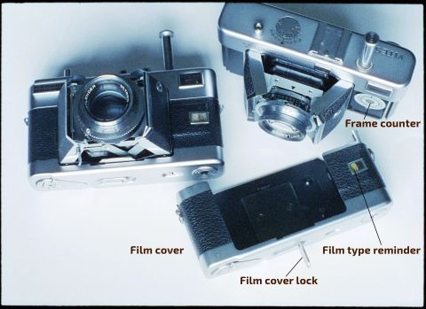 Opening film cover on Voigtländer Vitessa foldable film cameras.