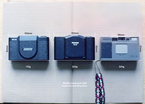 Some of the smallest, lightest full-frame 35mm film cameras ever made: Revue 35 XE, Minox 35 GT, and Minolta TC-1. Note: Minolta TC-1’s height includes the button and the dial on the top plate (the manual lists 59mm).