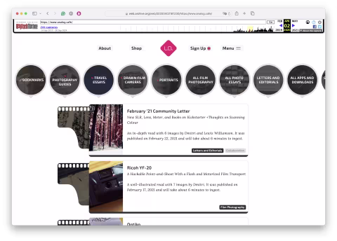 A snapshot from the 2020 version of Analog.Cafe on the Internet Archive.
