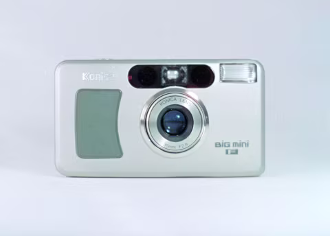 Konica Big Mini F with its lens rectracted in the “OFF” position.