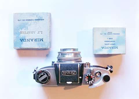 Top-view with Industar-50 on Miranda Sensomat film SLR via an M44 to M39 lens adapter. Chest-level finder closed.