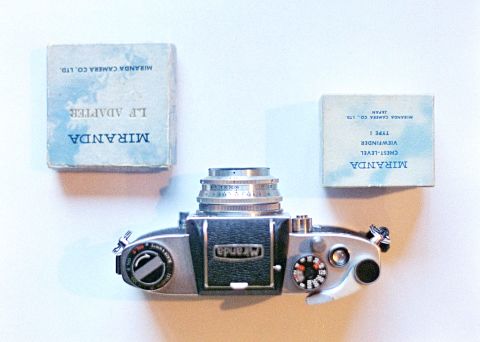 Top-view of Industar-50 on Miranda Sensomat film SLR with an M44 to M39 lens adapter.