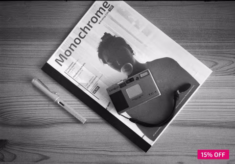Monochrome hand-made magazine. 50 pages of sustainably sourced paper & black ink. Available on Etsy from FilmBase shop.