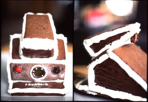 Use chocolate mousse in place of camera bellows. Various tip sizes for icing (thick ones for holding large slabs together, thin to decorate). The viewfinder window is in the right half of the window on the top-right.
