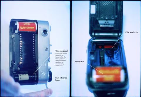 Figure 4. Loading film into a film camera. On the left, an old mechanical camera requires fastening film to the film take-up spool and advancing it by one frame (or more). On the right, a more modern camera is much easier to load: the film canister is inserted into its chamber and the film leader is aligned to the orange arrow.