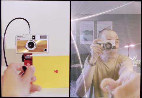 Left: Ektar H35N triggered by a Bulb remote, photographed on Olympus PEN FV with 42mm 𝒇1.2 H.Zuiko Auto-S. Right: me holding my Olympus PEN FV that I used to snap the picture on the left, taken on Ektar H35N with a 2-second exposure.