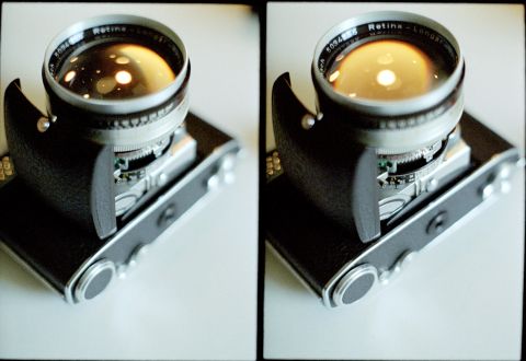 Kodak Retina IIIC with an 80mm lens attachment.