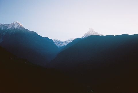 Faint glimpse of Machapuchare mountain (‘fishtail’ in Nepali), Taken in Ghandruk village, Olympus MujII, Kodak Ektar 100 .