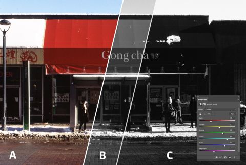 Figure 3. Digitally-simulated orthochromatic film effect (C) from colour image (A). A panchromatic film would look like the slice (B). Bottom-right: an example of settings for the Black & White adjustment layer in Photoshop to simulate the orthochromatic film effect.