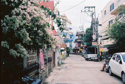 A small street in downtown Chiang Mai that leads to a series of small homes, hostels, cafes and restaurants.