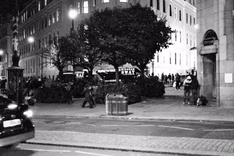 Food Station on the Strand, at the back of the St. Martin-in-the-Fields church, late in the Autumn of 2020 (Kodak T-Max 3200 exposed at box speed).