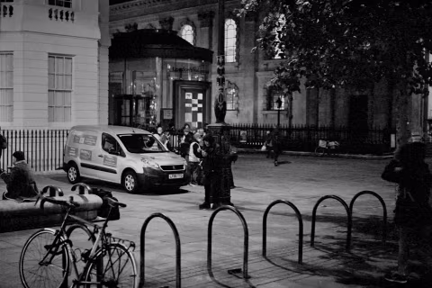 Van setting up a food station next to the St. Martin-in-the-Fields church, Trafalgar Square, Autumn 2020 (Kodak T-Max 3200, pulled to ISO 800).