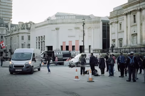 Vans from the charities setting up a food station in front of the National Gallery, Trafalgar Square, Summer 2020 (Svema Color 125).