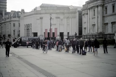 Food lines in front of the National Gallery, Trafalgar Square (Svema Color 125).