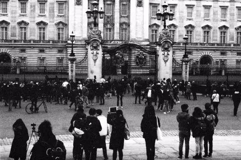 People at the gates, Buckingham Palace, 9-10 April 2021. Taken with the Canon EF camera and a Tamron 17 mm f./3.5 on Eastman Double-X film.
