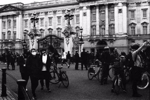 People at the gates, Buckingham Palace, 9-10 April 2021. Taken with the Canon EF camera and a Tamron 70-150 mm f./3.8 lens on Eastman Double-X film.
