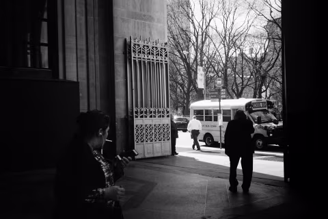 Lobby. Sidewalk. New York. Olympus AX, Kodak Tri-X.