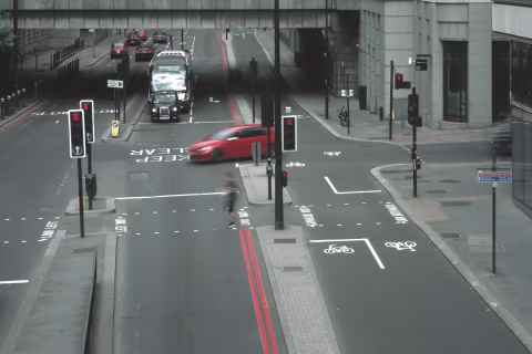 Lower Thames Street, taken from a pedestrian bridge. 100/3.5 Fujinon.