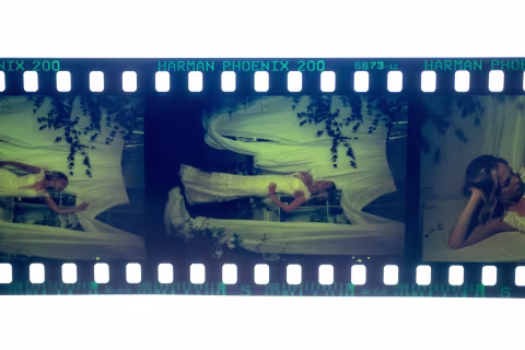 The E-6 processed film strip back from the lab has green tones and is very dense. (Photographed with a Fujifilm X-E2 and a macro Fujinon 30 mm f/2.8.)