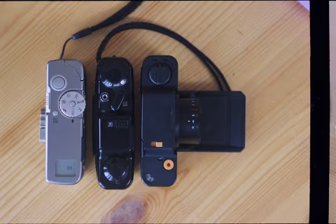 From the left: Minolta TC-1, Chinon Bellami, Revue 35XE. These are some of the smallest film cameras on the planet.