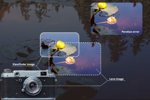 The viewfinder’s position that is up and to the side of the lens creates parallax error when shooting up-close. If the parallax error is not corrected, the upper yellow lily flower framed to appear in the middle of the viewfinder image can get cut off on film. Note that the lens/viewfinder image views represent seeing through the eyepiece at the *back of the camera*. This diagram is an approximation.