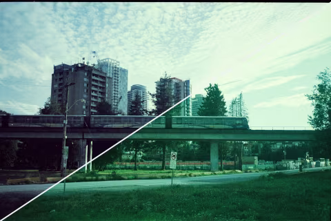 Lomochrome Metropolis, metered at ISO 100 with Chinon Bellami. Top-left: green colour cast removed, bottom-right: no edits.