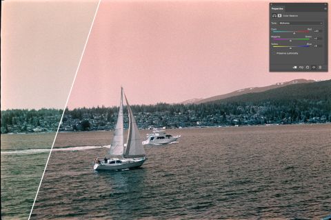 Lomochrome Turquoise XR with Voigtländer Vitessa A. Left: inverted and equalized, right: Color Balance adjustment layer applied to remove some of the green cast.