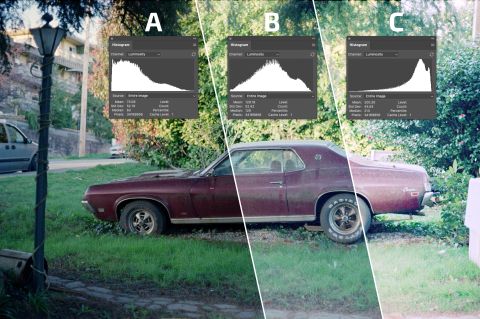 Figure 1. A: an underexposed image shows the histogram that skews to the left. B: normal exposure, with the histogram values concentrated around the middle. C: an overexposed image shows the histogram that skews to the right.