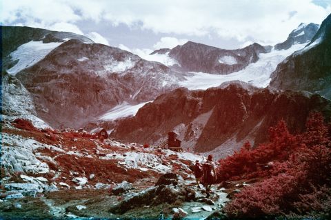 Kodak Aerochrome cross-processed in C-41, shot with the 125/22 G2 yellow filter. In the original scan, there was a lot of red that I’ve compensated for with Curves and Color Balance adjustment layers. Note the skin tones and the boulders that I worked on to remain in their natural colour. 