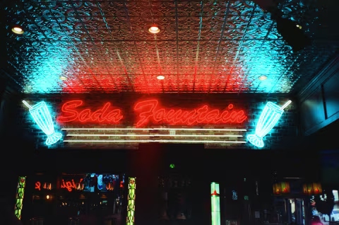 Interior of a soda pop & ice cream shop. Taken with a Yashica T5 and CineStill 800T film.
