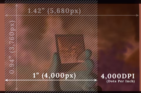 The shaded square area in the 135-format film scan above is 1” on each side. Nikon SUPER COOLSCAN can scan that area to produce a 4,000px by 4,000px (16MP) digital image; this scanner is said to have a 4,000DPI resolution.