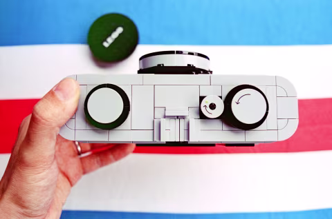 LEGO ZH1 top plate with all of the film transport controls and the accessory cold shoe.