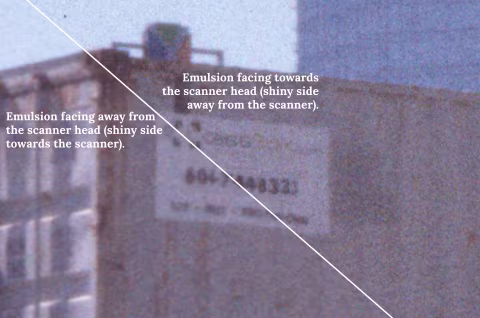 Scanning emulsion side up vs. down: comparing grain detail and resolution in colour slide film (Kodak Ektachrome 200, extreme enlargement).