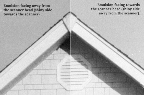 Scanning emulsion side up vs. down: comparing grain detail and resolution in colour slide film (Ilford Delta 100, extreme enlargement).